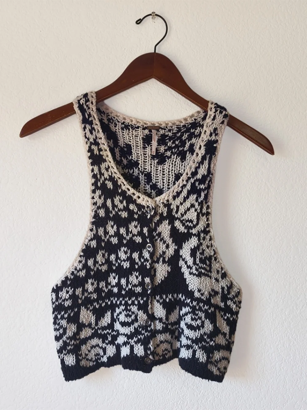 Free People Rosie Cropped Knit Sweater Vest with Black and White Floral Pattern